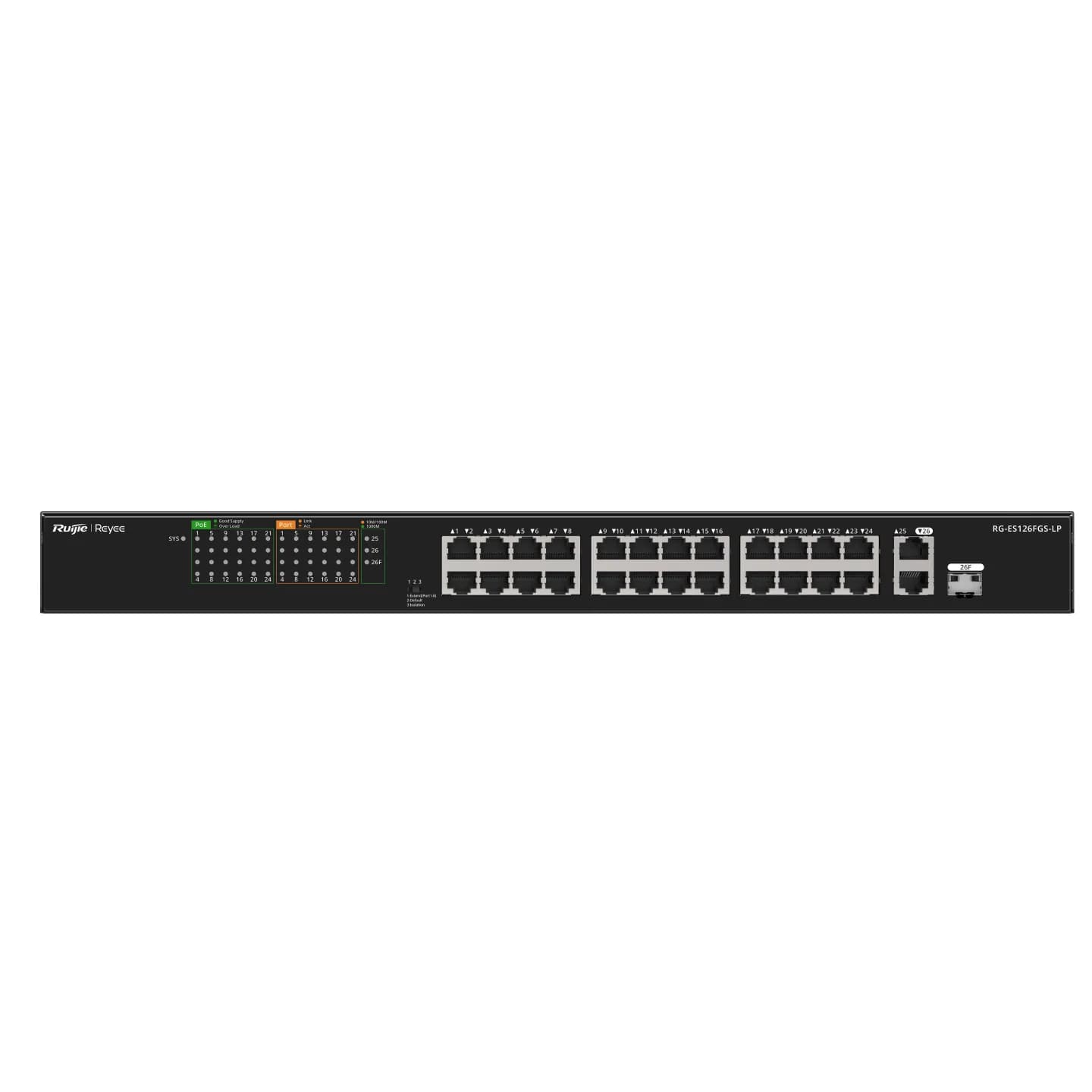 RG-ES126FGS-LP, 24-Port 10/100 Mbps with 2-Port Gigabit Unmanaged PoE Switch