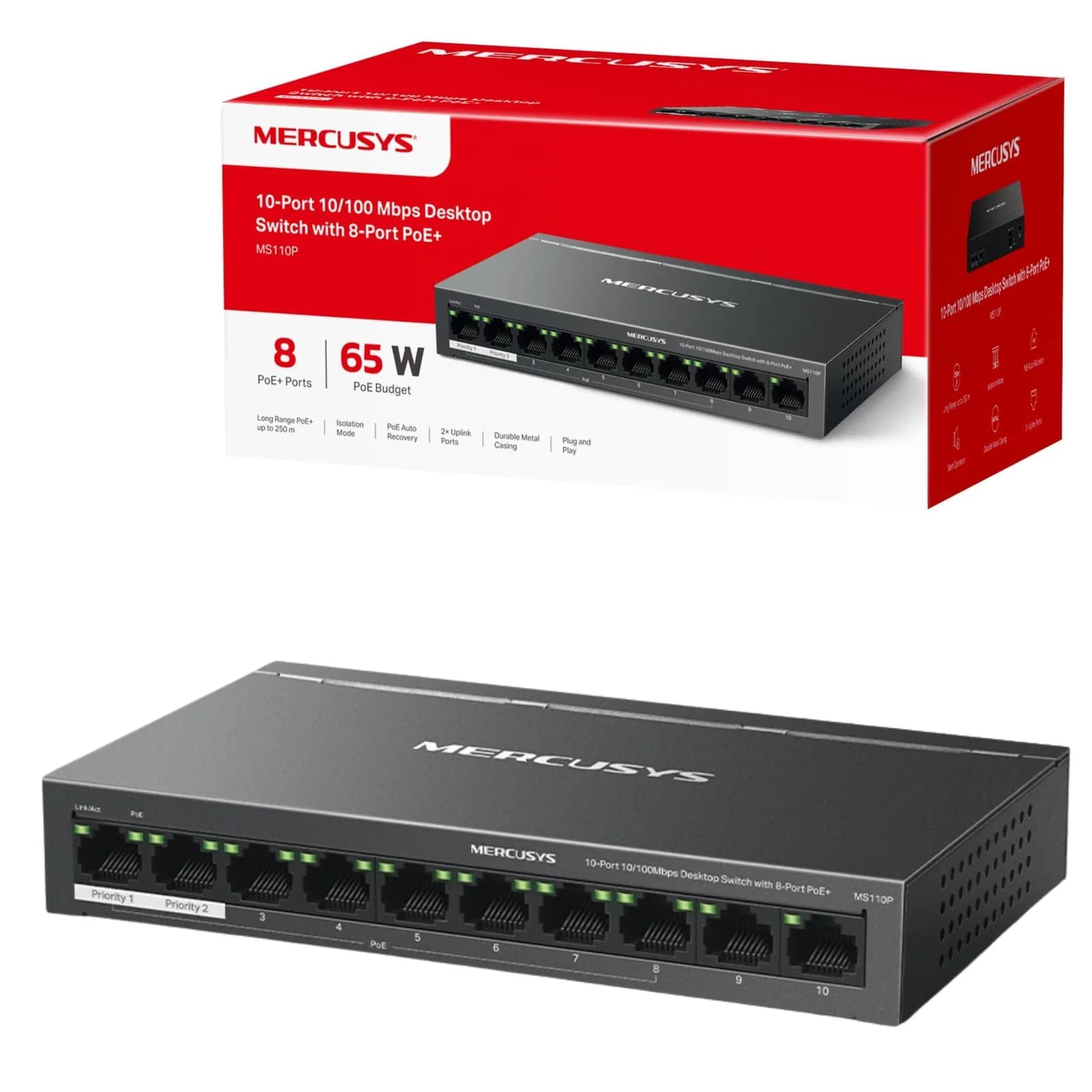 Mercusys MS110P 10-Port 10/100Mbps Desktop Switch with 8-Port PoE+